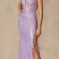 Juliet 2405 Machine Sequin Lace Embellishments High Slit Prom Gown