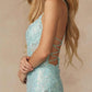 Juliet 2405 Machine Sequin Lace Embellishments High Slit Prom Gown