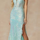 Juliet 2405 Machine Sequin Lace Embellishments High Slit Prom Gown