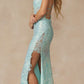 Juliet 2405 Machine Sequin Lace Embellishments High Slit Prom Gown