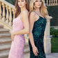 Juliet 2406 Velvet Sequin Fitted Gown V-Neckline Lace Up Back
