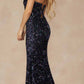 Juliet 2406 Velvet Sequin Fitted Gown V-Neckline Lace Up Back