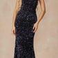 Juliet 2406 Velvet Sequin Fitted Gown V-Neckline Lace Up Back