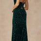 Juliet 2406 Velvet Sequin Fitted Gown V-Neckline Lace Up Back