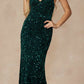 Juliet 2406 Velvet Sequin Fitted Gown V-Neckline Lace Up Back