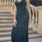 Juliet 2406 Velvet Sequin Fitted Gown V-Neckline Lace Up Back