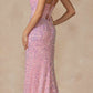 Juliet 2406 Velvet Sequin Fitted Gown V-Neckline Lace Up Back