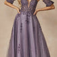 Juliet 2409 Floor Length A-Line Leaf Embroidered Gown Detachable Sleeves