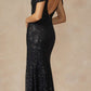Juliet 2410 Long Off the Shoulder Sequin Gown with Skirt Slit