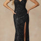 Juliet 2410 Long Off the Shoulder Sequin Gown with Skirt Slit