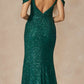 Juliet 2410 Long Off the Shoulder Sequin Gown with Skirt Slit
