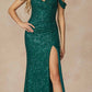 Juliet 2410 Long Off the Shoulder Sequin Gown with Skirt Slit