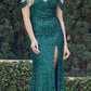 Juliet 2410 Long Off the Shoulder Sequin Gown with Skirt Slit