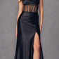Juliet 2416 Floor Length Strapless Sheer Boned Bodice Slit Satin Dress