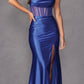 Juliet 2416 Floor Length Strapless Sheer Boned Bodice Slit Satin Dress