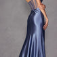 Juliet 2416 Floor Length Strapless Sheer Boned Bodice Slit Satin Dress