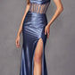 Juliet 2416 Floor Length Strapless Sheer Boned Bodice Slit Satin Dress