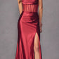 Juliet 2416 Floor Length Strapless Sheer Boned Bodice Slit Satin Dress