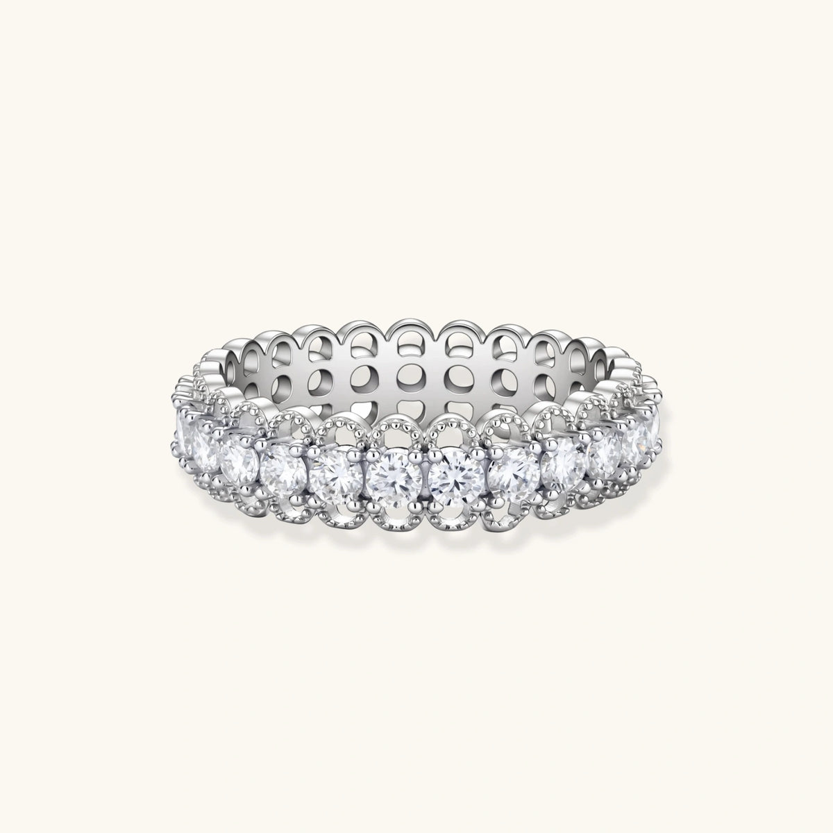 Elegant FARNELLI Infinite Sparkle ring with shimmering stones, showcasing a sleek silver band and dazzling design.