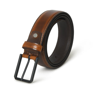 Cooper caramel leather belt from Classy Leather Bags, showcasing smooth leather with a silver buckle on a neutral background.