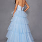 Juliet JT2452K Long Pleated Strapless Tiered Ruffle Tulle A-Line Gown