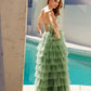 Juliet JT2454K Long Boned Bodice Tiered Layered Sequin Detail A-Line Gown