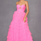 Juliet JT2456H Long Strapless Keyhole Tiered Ruffled Tulle A-Line Gown