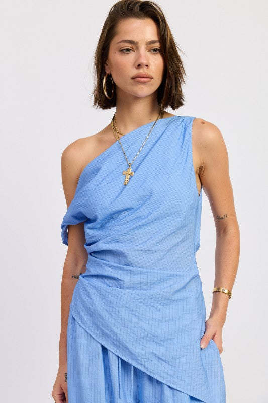 Emory Park Elsie asymmetrical top featuring a stylish, modern design with unique hemline and soft fabric in a neutral color.