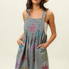 BiBi Star Rhinestone Washed Wide Leg Shortalls - LT DENIM