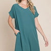 BOMBOM V-Neck Short Sleeve Dress with Pockets - Teal