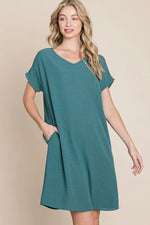 BOMBOM V-Neck Short Sleeve Dress with Pockets - Farnelli