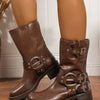 Round Toe Block Heels Boots - Brown