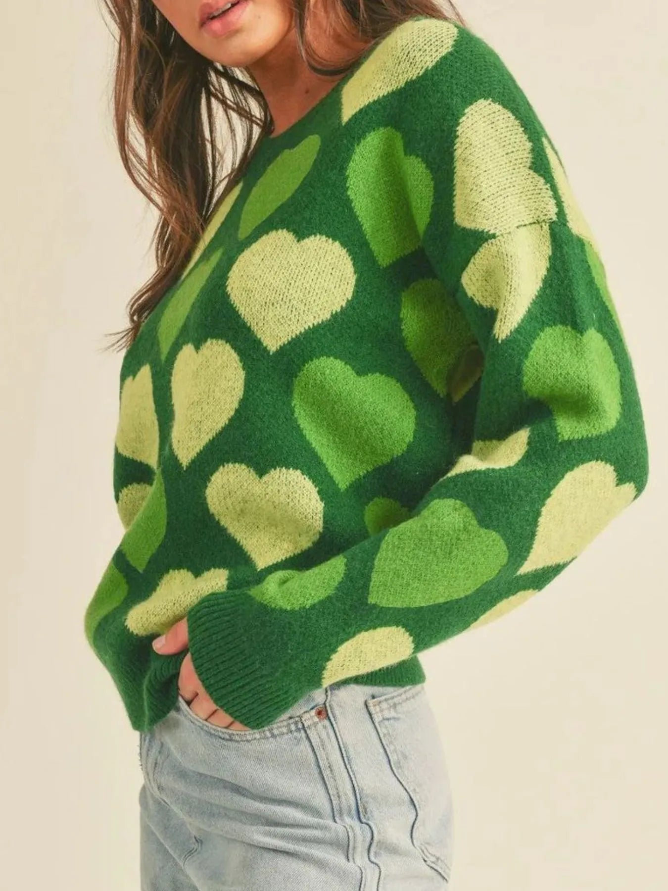 Heart Ribbed Hem Long Sleeve Sweater - Farnelli