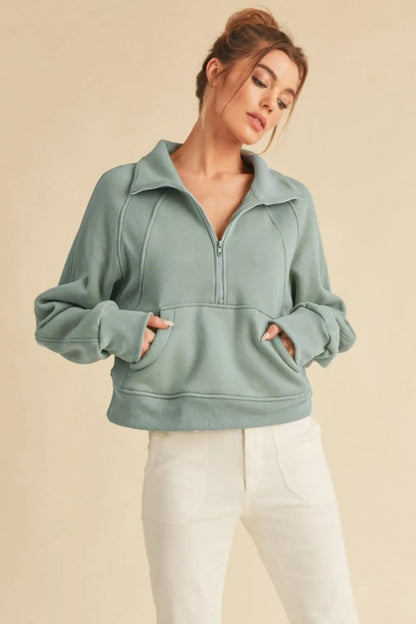 Aemi + Co Half Zip Raglan Sleeve Sweatshirt with Kangaroo Pocket - Farnelli