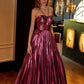 Juliet JT2503A Long Halter A-Line Pleated Metallic Gown