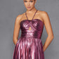 Juliet JT2503A Long Halter A-Line Pleated Metallic Gown