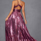Juliet JT2503A Long Halter A-Line Pleated Metallic Gown