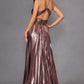 Juliet JT2503A Long Halter A-Line Pleated Metallic Gown