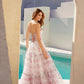 Juliet JT2507A Long Strapless Sweetheart Print Tiered Skirt Gown