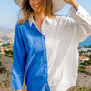 BiBi Oversized Color Block Shirt - DENIM/IVORY