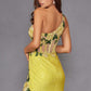 Juliet JT2514R One Shoulder Fitted Floral Applique Evening Gown