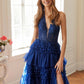 Juliet JT2556S Halter V-Neckline Layered Tulle Slit A-Line Gown