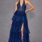 Juliet JT2556S Halter V-Neckline Layered Tulle Slit A-Line Gown