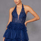 Juliet JT2556S Halter V-Neckline Layered Tulle Slit A-Line Gown