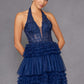 Juliet JT2556S Halter V-Neckline Layered Tulle Slit A-Line Gown