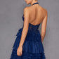 Juliet JT2556S Halter V-Neckline Layered Tulle Slit A-Line Gown