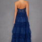 Juliet JT2556S Halter V-Neckline Layered Tulle Slit A-Line Gown