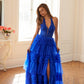 Juliet JT2556S Halter V-Neckline Layered Tulle Slit A-Line Gown