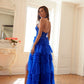 Juliet JT2556S Halter V-Neckline Layered Tulle Slit A-Line Gown