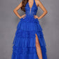 Juliet JT2556S Halter V-Neckline Layered Tulle Slit A-Line Gown